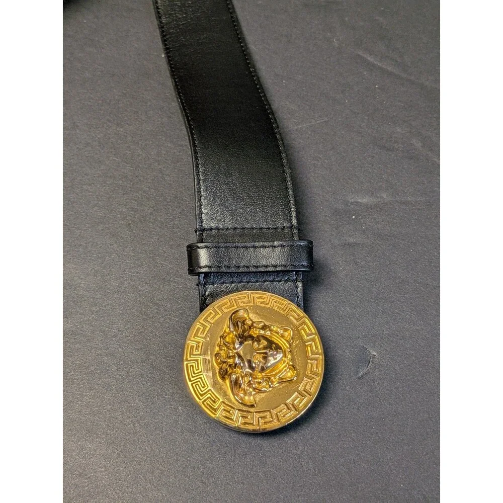 Versace Men's Belt Gold Medusa Buckle Black Calfskin Leather Belt **As Is See